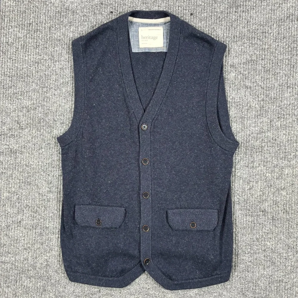 Banana Republic Heritage Sweater Vest Mens Large Navy Button Front Cotton Linen